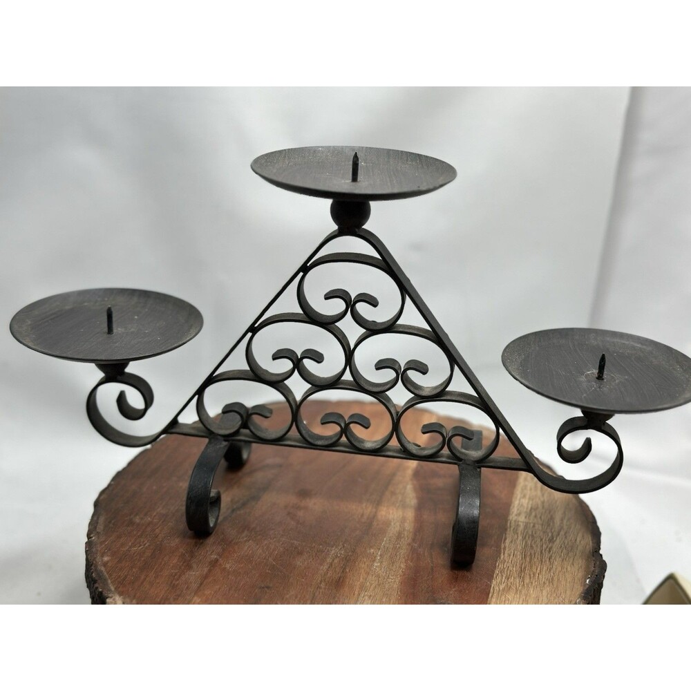 Spanish Scroll Three Tier Black Iron Metal Paperweight Candelabra Candle Holder